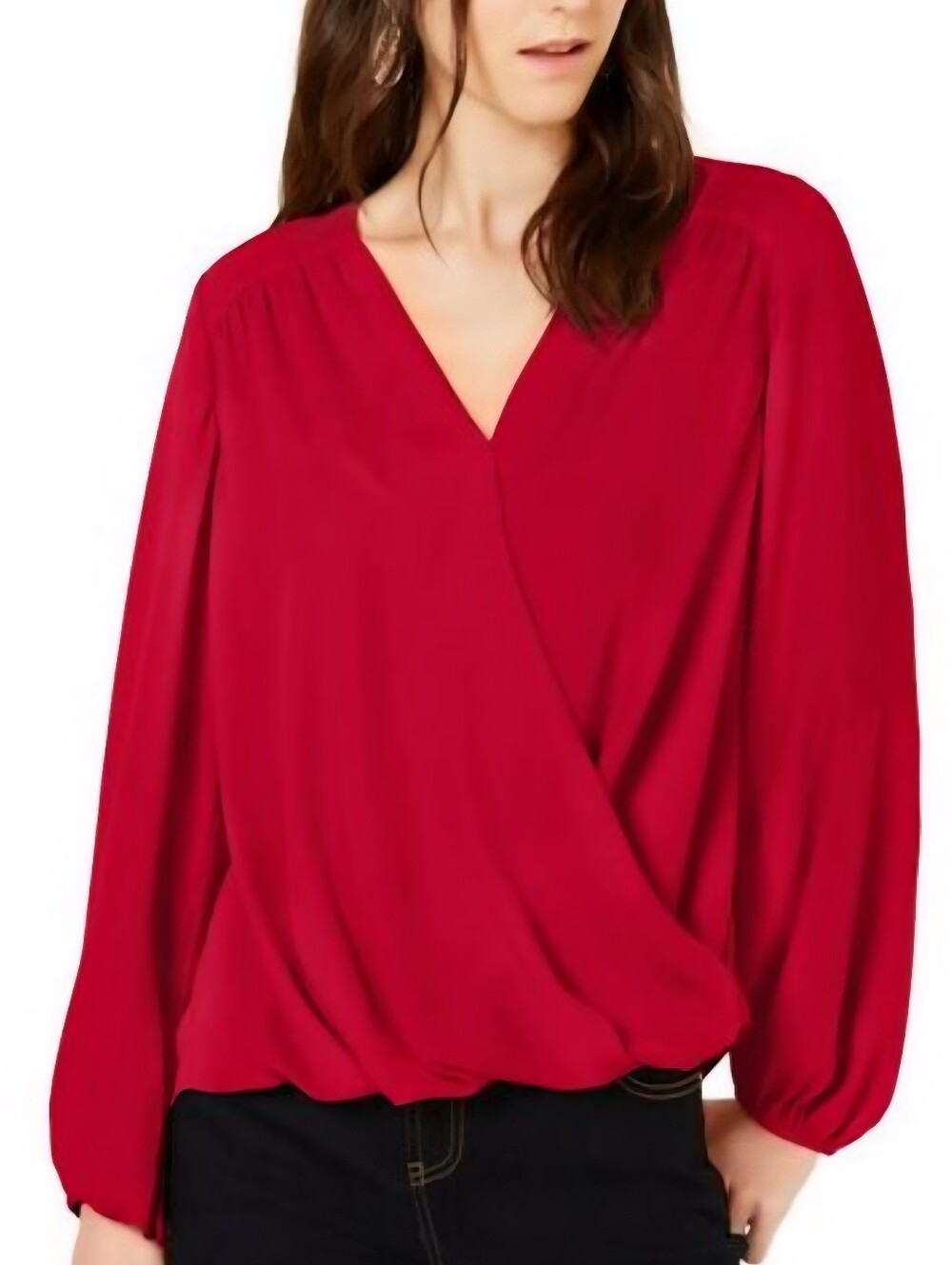 INC International Concepts Red Surplice Long-Sleeve Blouse